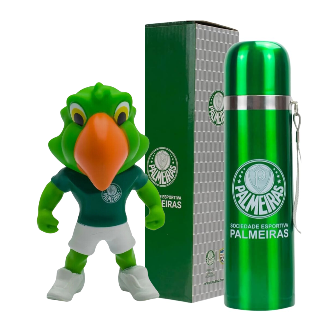 Boneco Mascote Palmeiras + Garrafa Térmica Palmeiras 500ml Inox Oficial